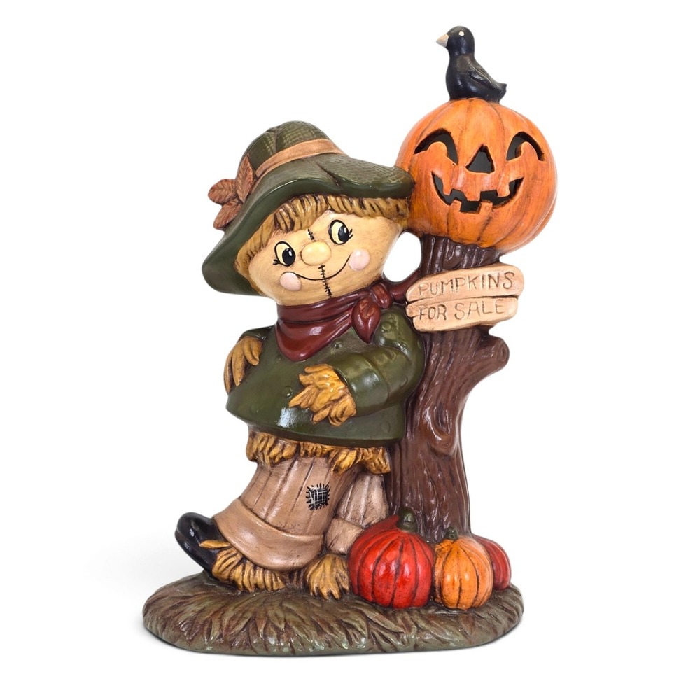Vintage Ceramic Scarecrow Pumpkin Crow Halloween Figurine 12in Damaged Tail